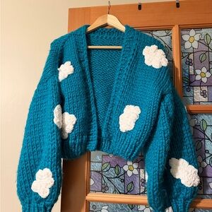 Teal Cloud Patterned Women Sweater